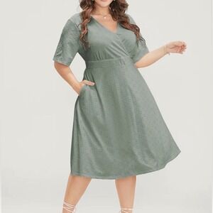 Bloomchic Eyelet Dress Plus Size Short Sleeve Sage Green Midi with Pockets‎ 12
